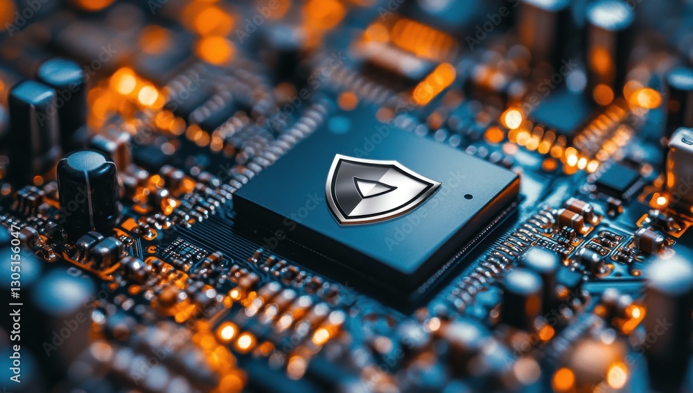 Close-Up View of a Microchip with Shield Symbol on a High-Tech Circuit Board with Orange and Blue Lighting Effects Close-Up View of a Microchip with Shield Symbol on a High-Tech Circuit Board with Orange and Blue Lighting Effects