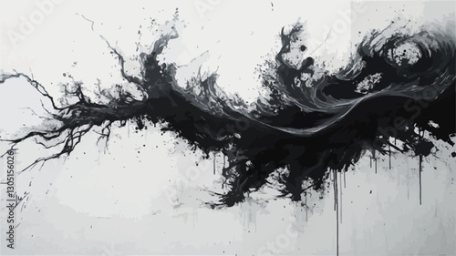 The image is a high-resolution photograph of an abstract artwork. The artwork appears to be an ink wash painting executed in shades of black and white. The composition features a large, dynamic,