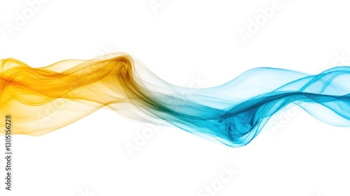 Abstract, flowing, colorful smoke waves on white background