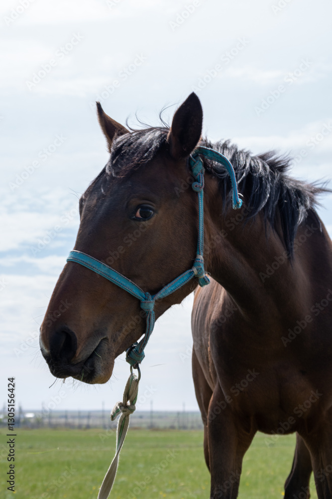 Obraz premium Brown horse with blue halter standing on a grassy field, natural style, sky background, concept of freedom