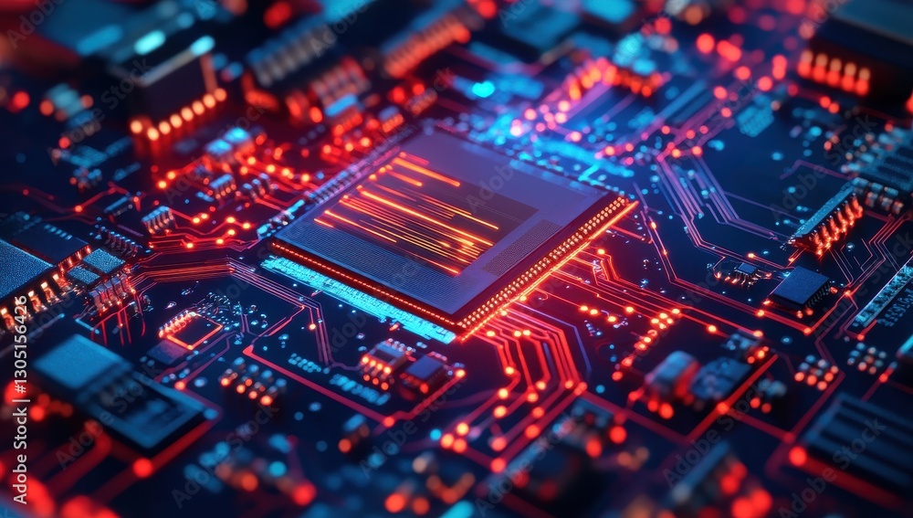 Close-Up View of a Modern Circuit Board with Illuminated Components and Intricate Patterns Highlighting Technology and Innovation in Electronics Close-Up View of a Modern Circuit Board with Illuminated Components and Intricate Patterns Highlighting Technology and Innovation in Electronics