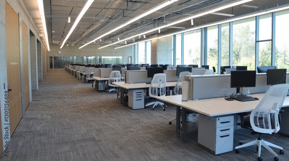 Modern office workspace, clean and bright, overlooking nature. Possible use Stock photo for interior design, office spaces, or business concepts Modern office workspace, clean and bright, overlooking nature. Possible use Stock photo for interior design, office spaces, or business concepts