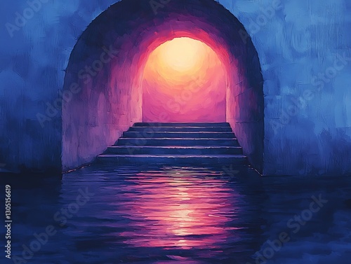 Sunset Archway Staircase, Water Reflection