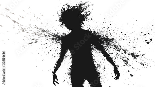 The image is a high-contrast monochrome illustration depicting a stylized human-like silhouette.  The figure appears to be disintegrating, with dark particles and splatter effects radiating