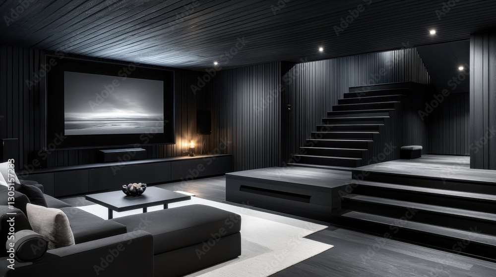 Stylish private home theater with high-quality speakers, ultra-HD screen, monochrome aesthetic. Stylish private home theater with high-quality speakers, ultra-HD screen, monochrome aesthetic.