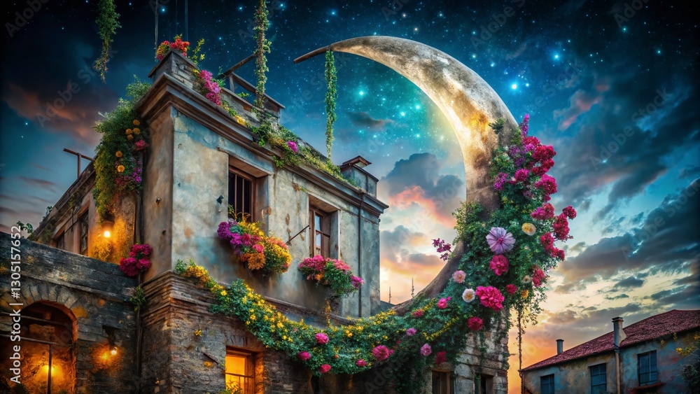 Obraz premium Crescent Moon, Blooming Flowers: Celestial Alchemy & Astrology Art