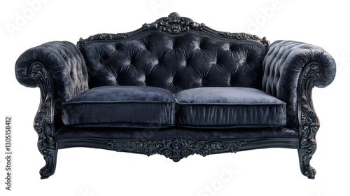 Luxurious dark blue velvet baroque sofa featuring a carved wooden frame, isolated on a transparent background, exuding elegance