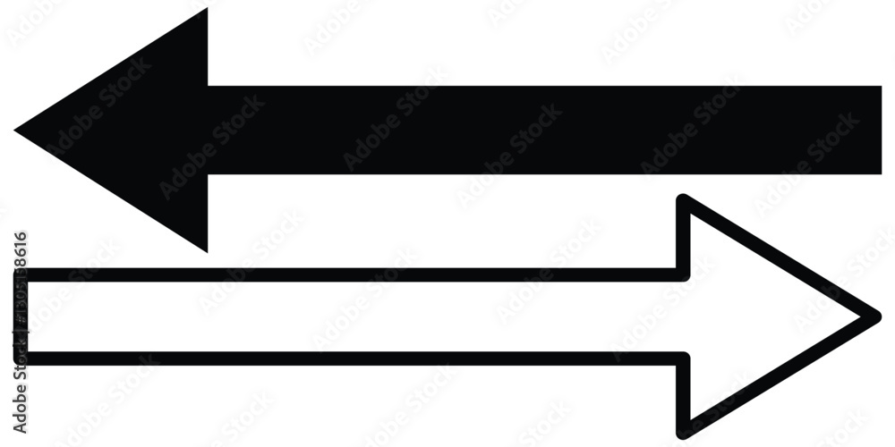 Horizontal dual tow side long straight arrow signs vector. Transfer icon. Exchange arrow icon. Right direction and left direction arrow icon vector illustration isolated on white background. Horizontal dual tow side long straight arrow signs vector. Transfer icon. Exchange arrow icon. Right direction and left direction arrow icon vector illustration isolated on white background.