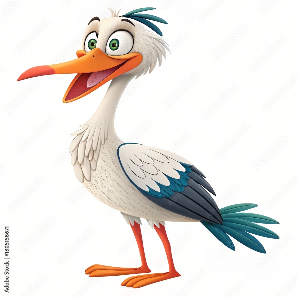Fototapeta premium Cheerful Cartoon Stork Bird Character Happy Expression 3D Render Isolated White Background