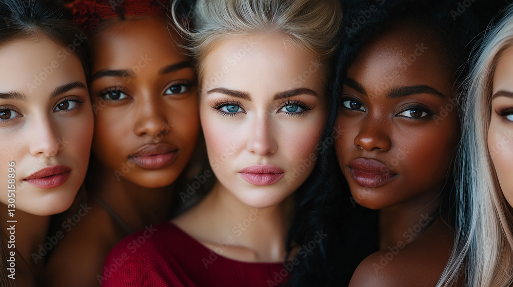 Close-up portrait of three diverse young women. Beauty, diversity, friendship. Close-up portrait of three diverse young women. Beauty, diversity, friendship.