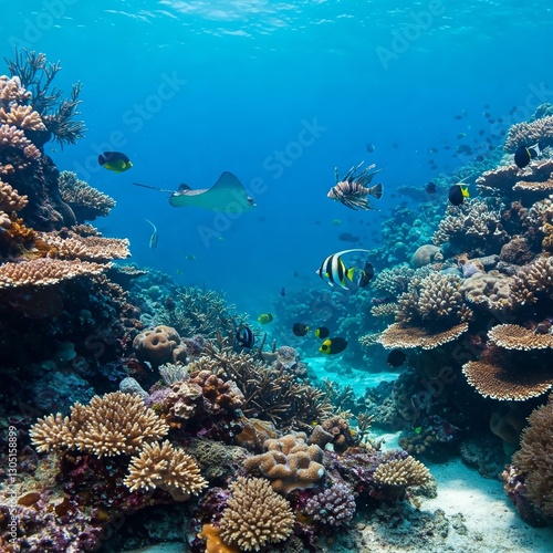 Wallpaper Mural A resplendent underwater world brimming with marine life thrives among vibrant coral reefs, illuminated by sunbeams piercing through azure waters, creating a mesmerizing and harmonious scene. Torontodigital.ca