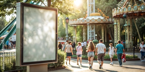 Large blank billboard mockup in a lively amusement park with a ferris wheel and blurred people in the background. Ideal for advertising and promotional designs.