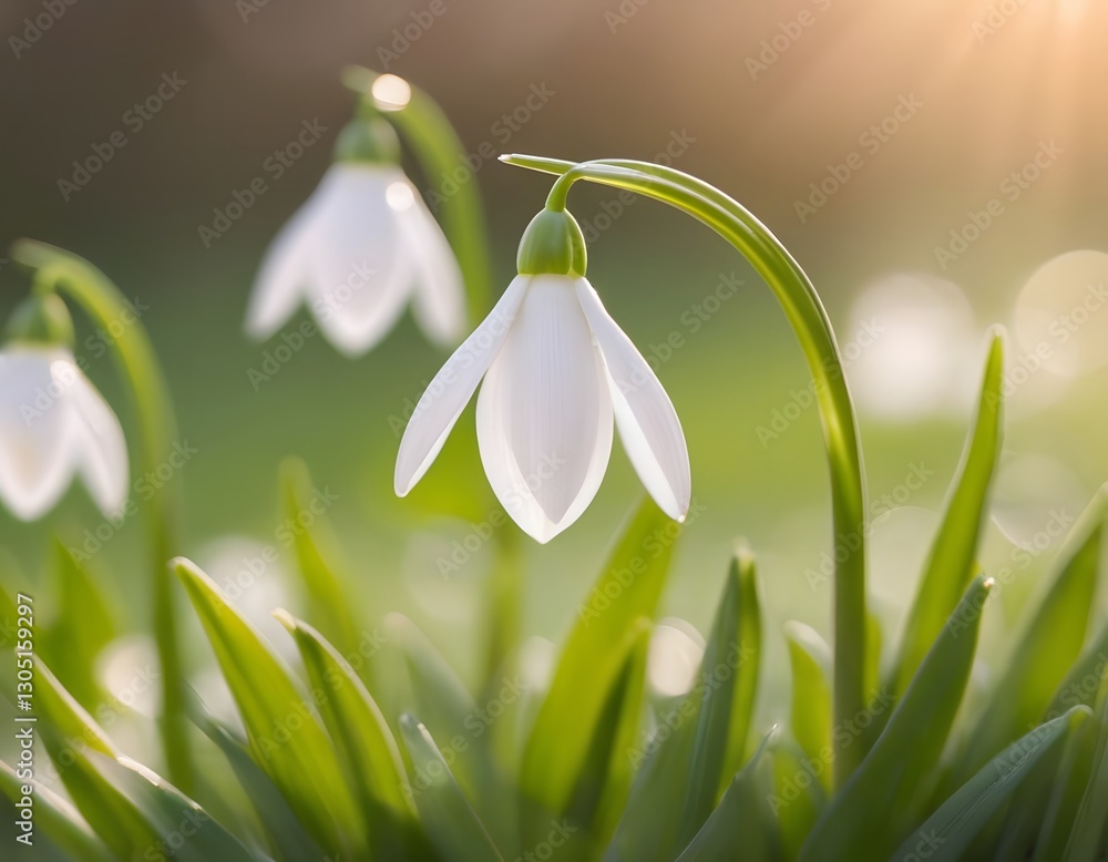 Close-up of Delicate White Snowdrops in Early Spring with Dew and Warm Sunlight Bokeh Close-up of Delicate White Snowdrops in Early Spring with Dew and Warm Sunlight Bokeh