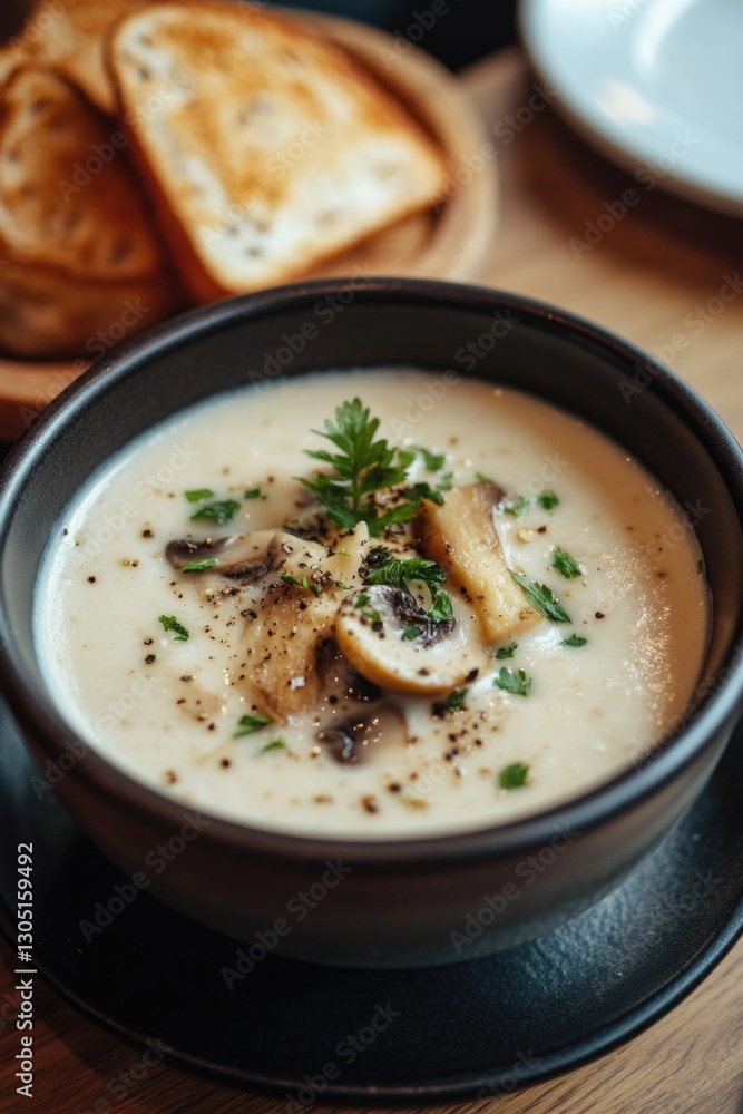 A delicious homemade mushroom soup on a dining table. A delicious homemade mushroom soup on a dining table.