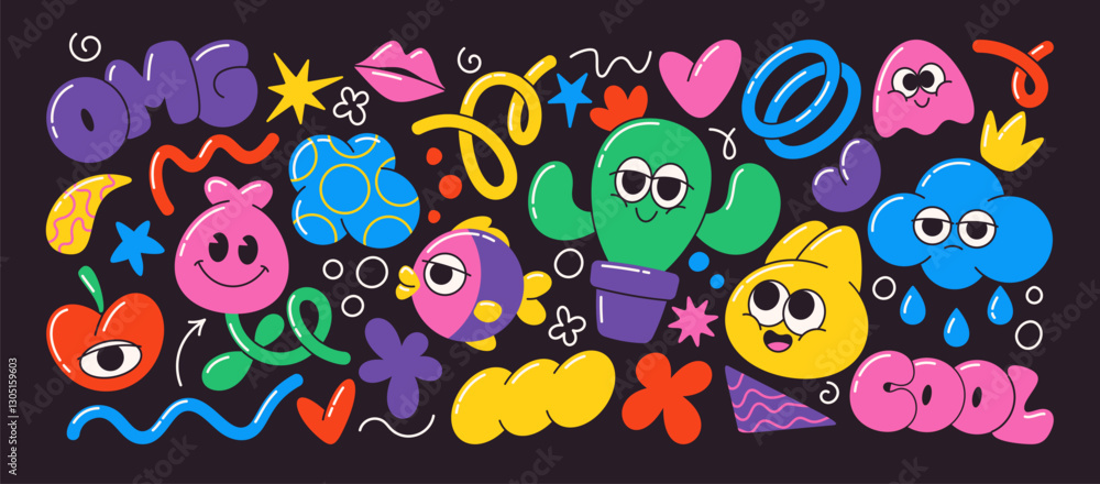 Funky groovy set with cool doodle drawing childish decorative colorful elements, bizarre figures Funky groovy set with cool doodle drawing childish decorative colorful elements, bizarre figures