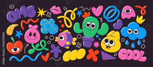 Funky groovy set with cool doodle drawing childish decorative colorful elements, bizarre figures