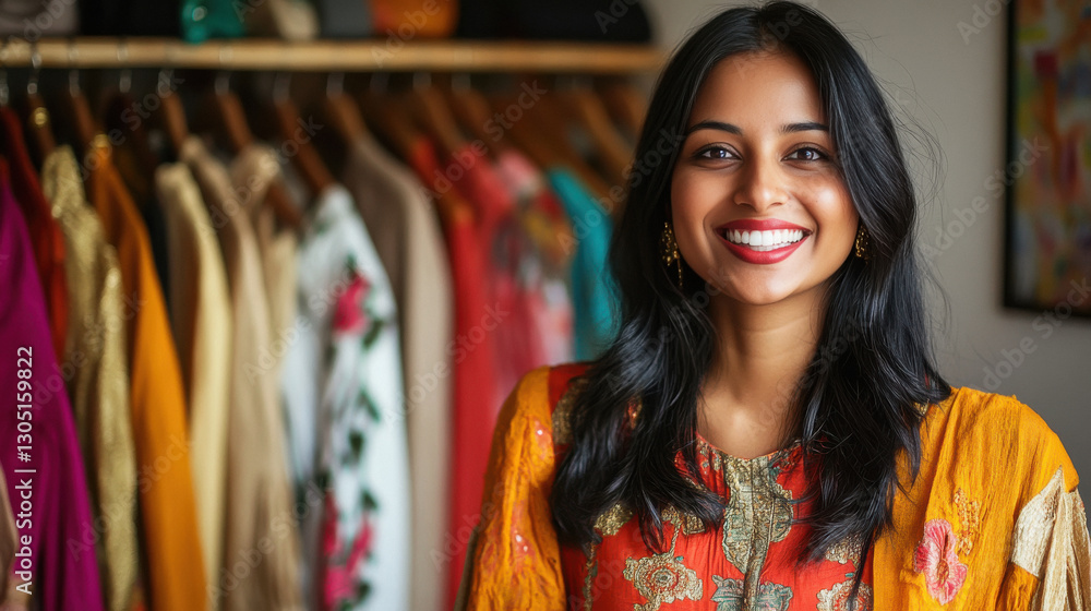 young indian woman standing at cloths store young indian woman standing at cloths store