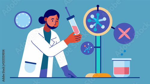 In a laboratory a researcher carefully measures the telomere length of cells in a petri dish studying the connection between telomeres and aging.. Vector illustration