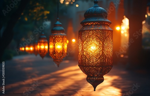 Intricately Designed Lanterns Casting a Soft Glow Along a Misty Pathway, Creating a Serene Atmosphere