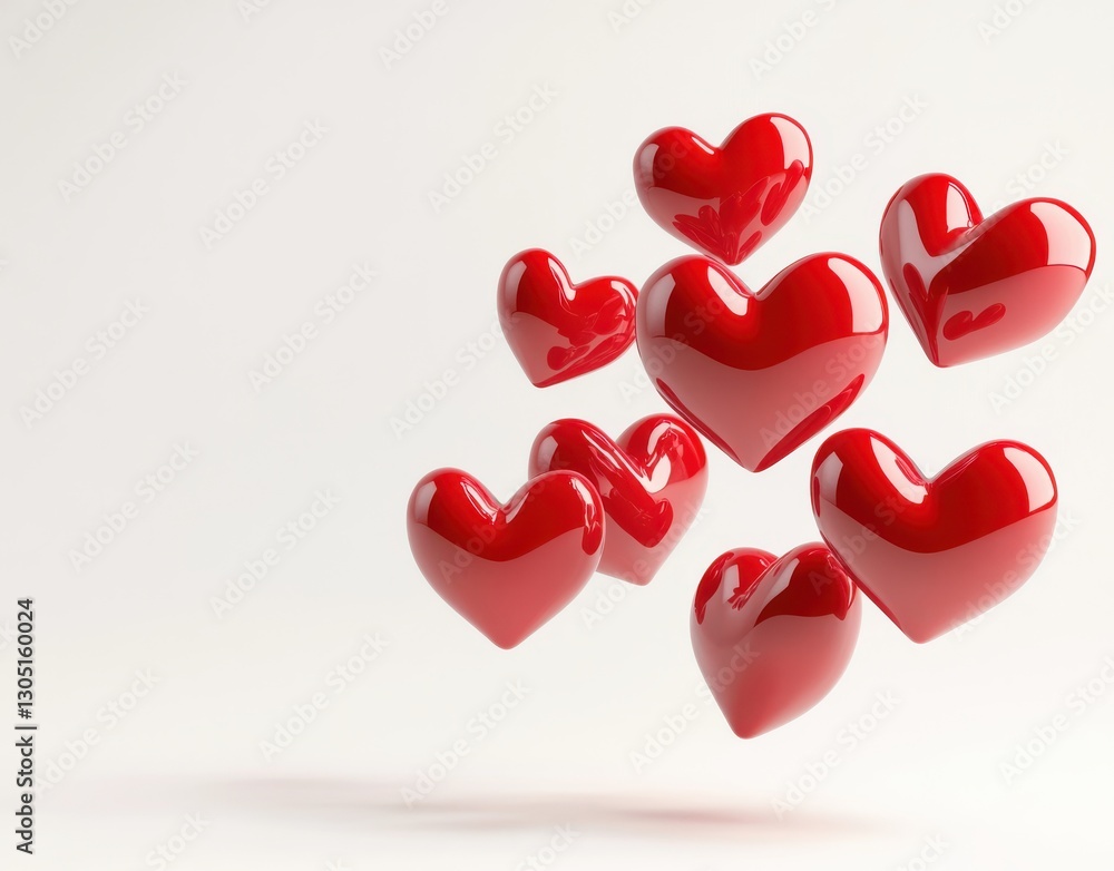 Collection of Glossy Red Heart Shapes Floating in the Air on a Light Background for Valentine's Day or Romantic Themes Collection of Glossy Red Heart Shapes Floating in the Air on a Light Background for Valentine's Day or Romantic Themes