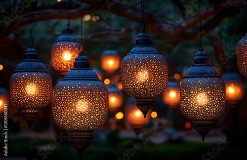  Intricately Patterned Lanterns Glowing Softly from Branches, Creating an Enchanting Atmosphere