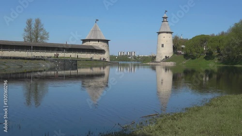 Sunny May day on the Pskova River. Historical center of Pskov, Russia
