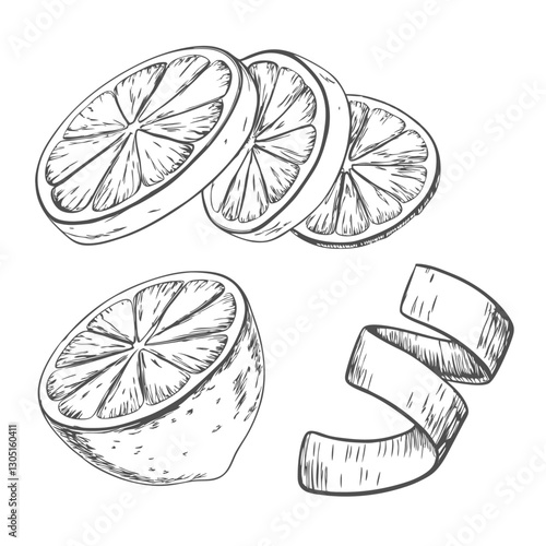Detailed lemon peel sketch illustration, showcasing curled zest in vintage style. Perfect for culinary designs, food packaging, botanical art, and citrus-themed projects.