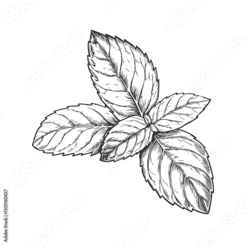 Detailed mint leaf sketch illustration, showcasing its textured veins and natural shape. Perfect for botanical art, culinary designs, herbal packaging, and nature-themed projects.mint- (1)