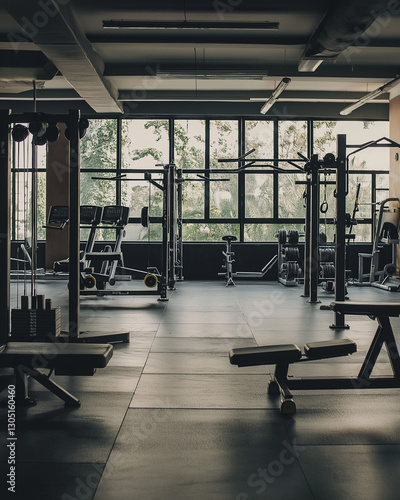 Empty gym with various weight training equipment near large windows.