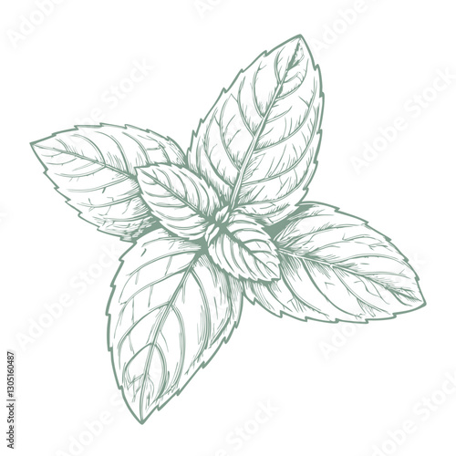 Detailed mint leaf sketch illustration, showcasing its textured veins and natural shape. Perfect for botanical art, culinary designs, herbal packaging, and nature-themed projects.mint- (1)