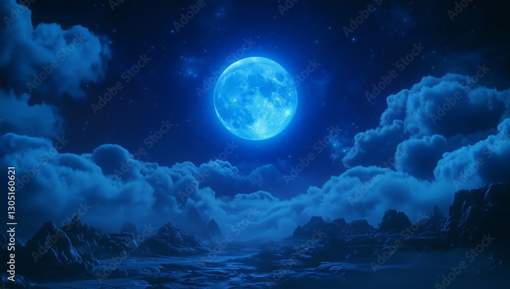 Fototapeta premium Glowing blue moon and cloud scape