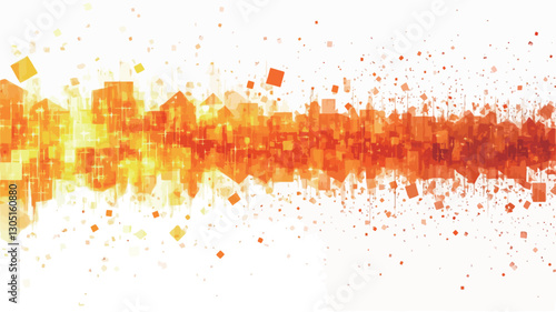The image is a horizontal abstract composition showing a burst or explosion of orange and yellow squares and particles against a white background.  The density of the squares is higher in the