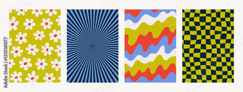 Abstract psychedelic retro pattern set. Groovy backgrounds in retro colors. T...