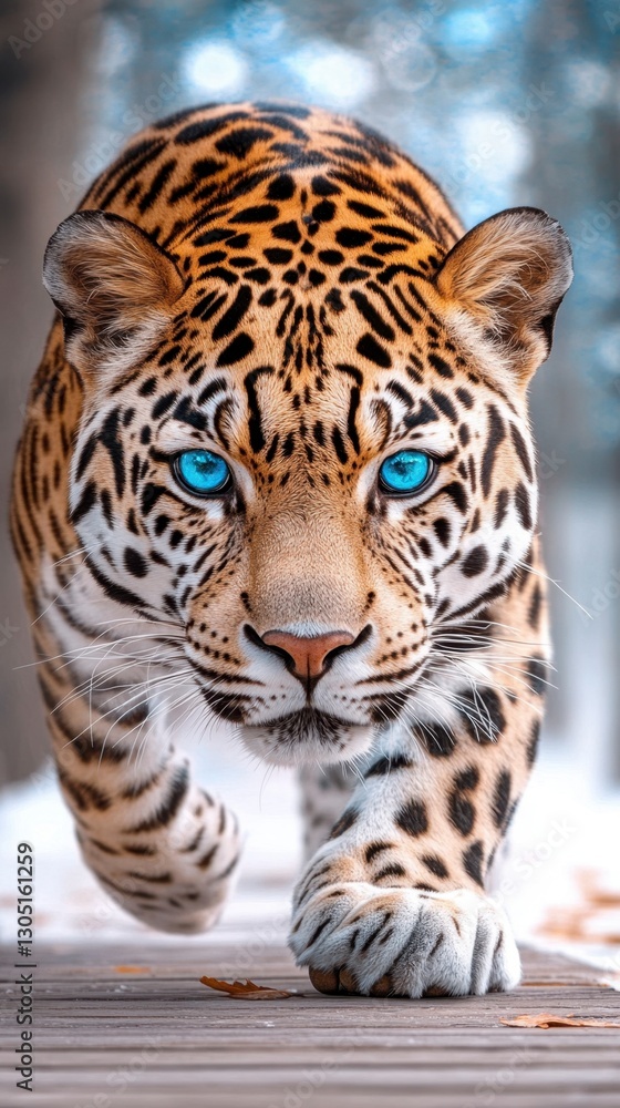 Obraz premium Close up of a majestic jaguar with striking blue eyes walking towards the camera in a snowy winter setting. The big cat's fur is detailed, showcasing its spots against a blurred background.