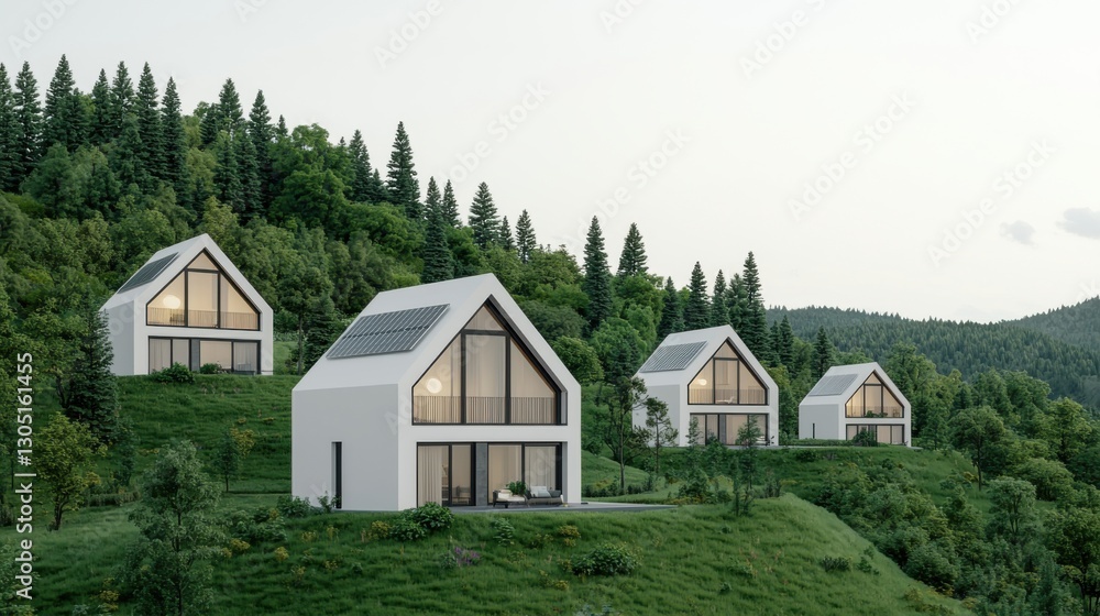Modern hillside homes with large windows, surrounded by lush greenery, showcasing contemporary architecture in a tranquil setting. Modern hillside homes with large windows, surrounded by lush greenery, showcasing contemporary architecture in a tranquil setting.