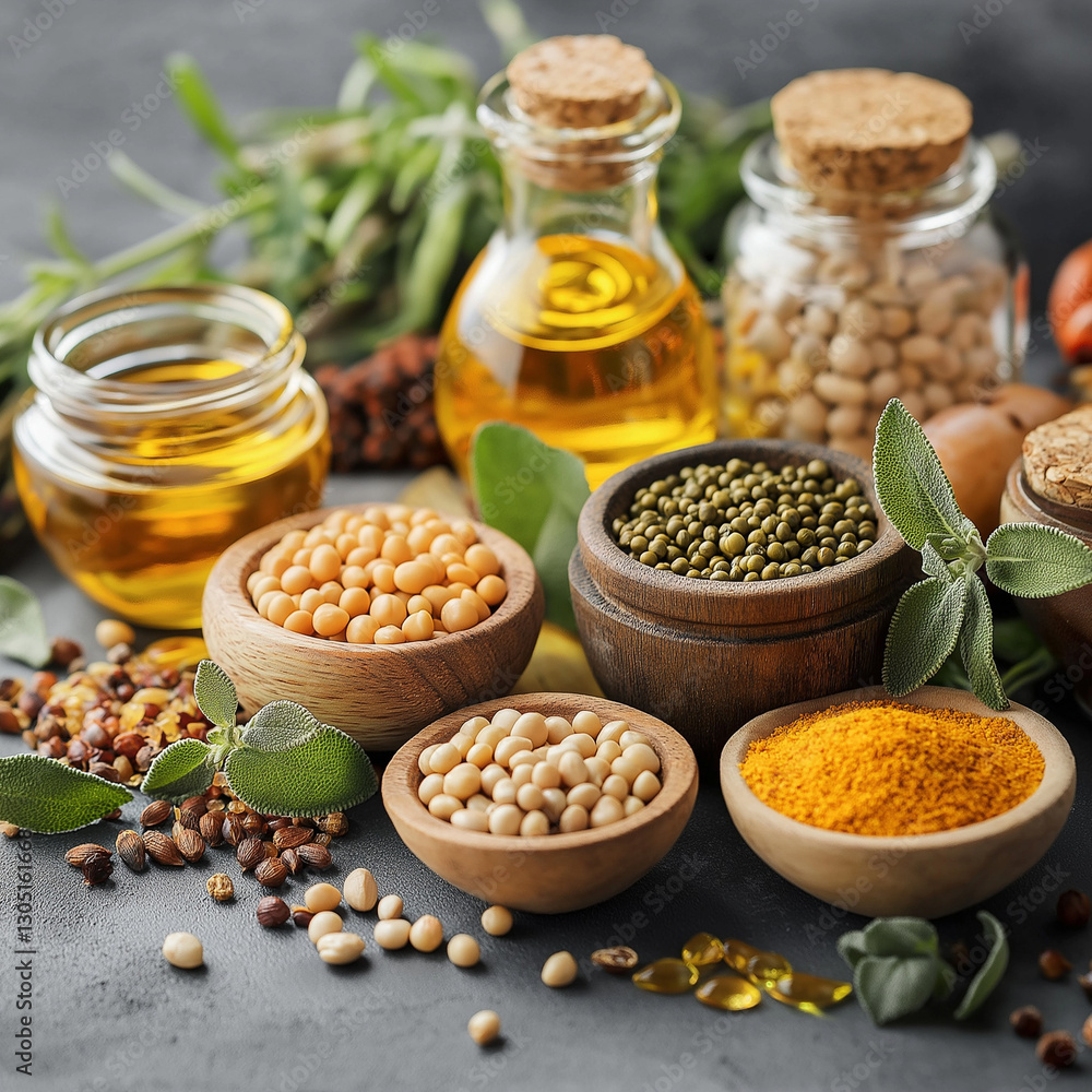 Various beans, oils, and spices arranged on a dark surface. Various beans, oils, and spices arranged on a dark surface.