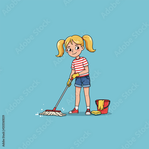 Girl Mopping Floor Illustration Cleaning Home with Mop and Bucket