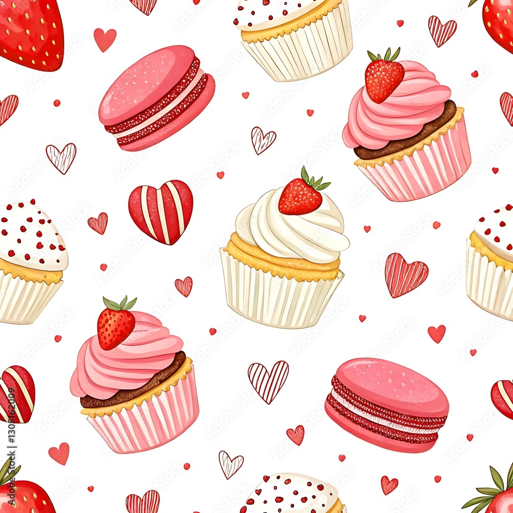 Delicious strawberry cupcakes macarons hearts seamless pattern design red day pink food love cute Delicious strawberry cupcakes macarons hearts seamless pattern design red day pink food love cute