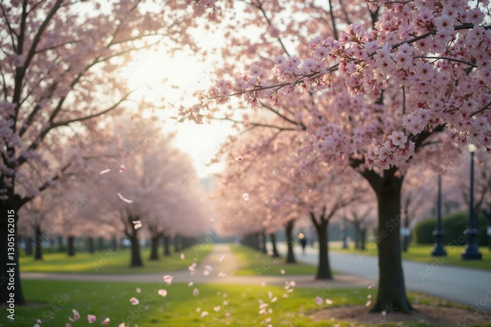 Naklejka premium A Park Filled With Pink Flowers and Trees That Are Blowing in the Wind - Generative AI