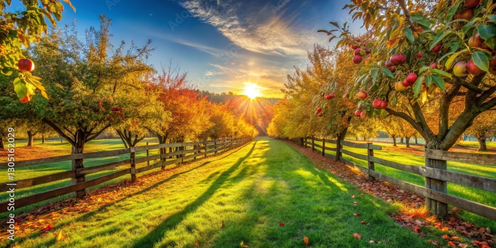 Naklejka premium Autumnal Orchard Pathway at Sunrise Golden Light Illuminates Fruit Trees and Wooden Fence