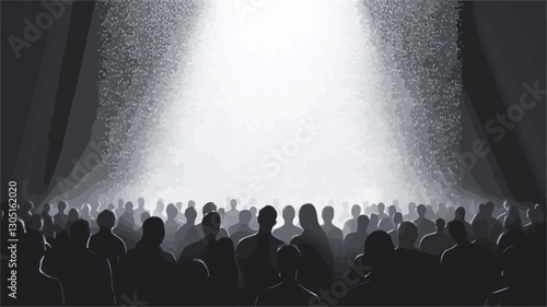 The image is a monochrome photograph depicting a large crowd of people silhouetted against a bright spotlight. The light source emanates from the top center, creating a strong contrast between the