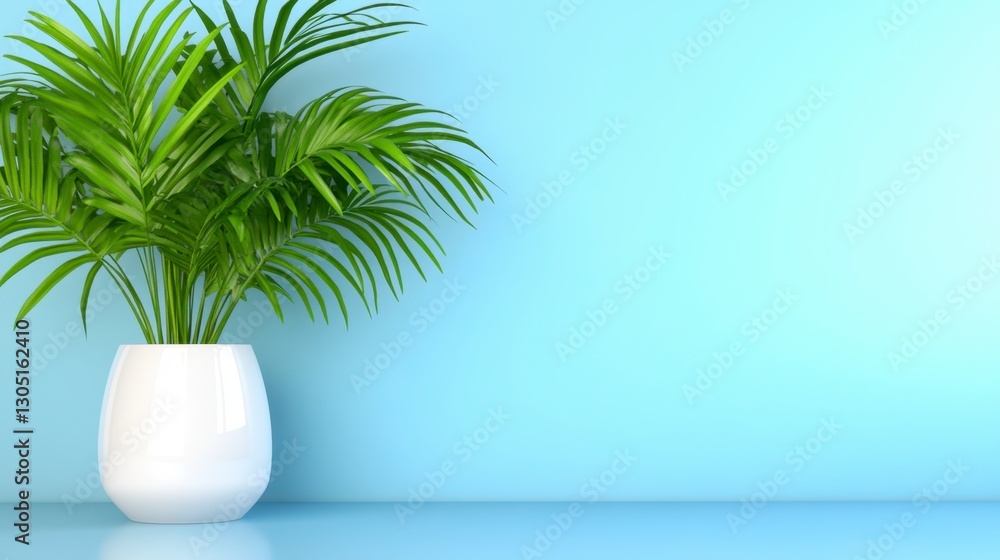 Lush green palm plant in a white pot against a light blue wall. Minimalist, clean aesthetic, bright and airy feel. Perfect for home decor or interior design. Lush green palm plant in a white pot against a light blue wall. Minimalist, clean aesthetic, bright and airy feel. Perfect for home decor or interior design.