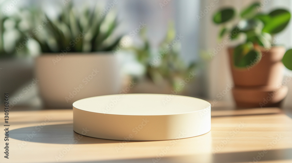 Cream-colored display stand on a wooden table, surrounded by plants. Cream-colored display stand on a wooden table, surrounded by plants.