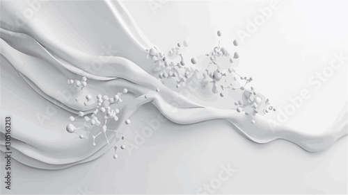 The image presents a digitally rendered abstract composition.  It features a predominantly white color palette.  A flowing, draped form, suggestive of fabric or liquid, dominates the scene.  Small,