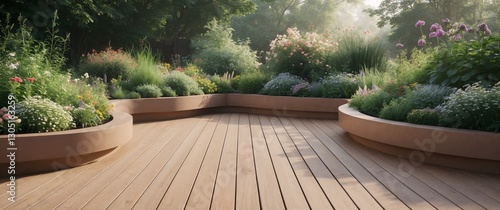 Beautiful composite deck surrounded by a vibrant flower garden in natural light