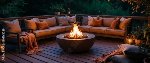 Cozy composite deck with a fire pit and comfortable seating area illuminated at night