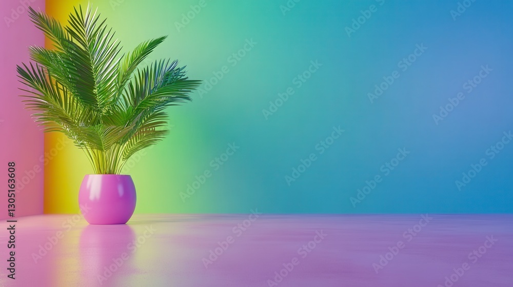 Low poly 3D render of a potted palm plant against a vibrant gradient background of pink, yellow, and blue. The plant is in a round pink pot on a reflective surface. Low poly 3D render of a potted palm plant against a vibrant gradient background of pink, yellow, and blue. The plant is in a round pink pot on a reflective surface.