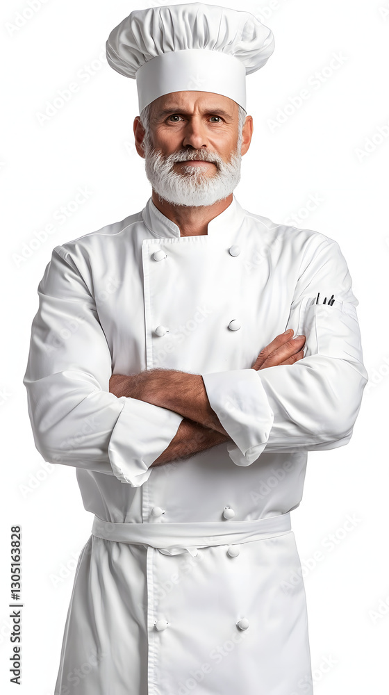 Smiling senior male chef in a white uniform standing with arms crossed UHD 4K Image Smiling senior male chef in a white uniform standing with arms crossed UHD 4K Image