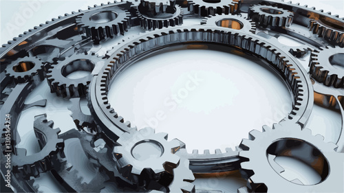 Close-up shot of numerous interlocking metallic gears arranged in a circular pattern against a bright white background.  The gears are predominantly silver and grey with hints of bronze coloration