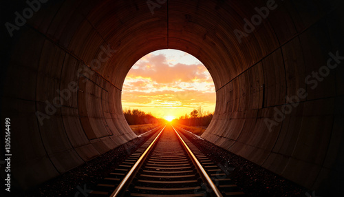 Sunset beyond tunnel entrance framing train tracks, journey symbolized